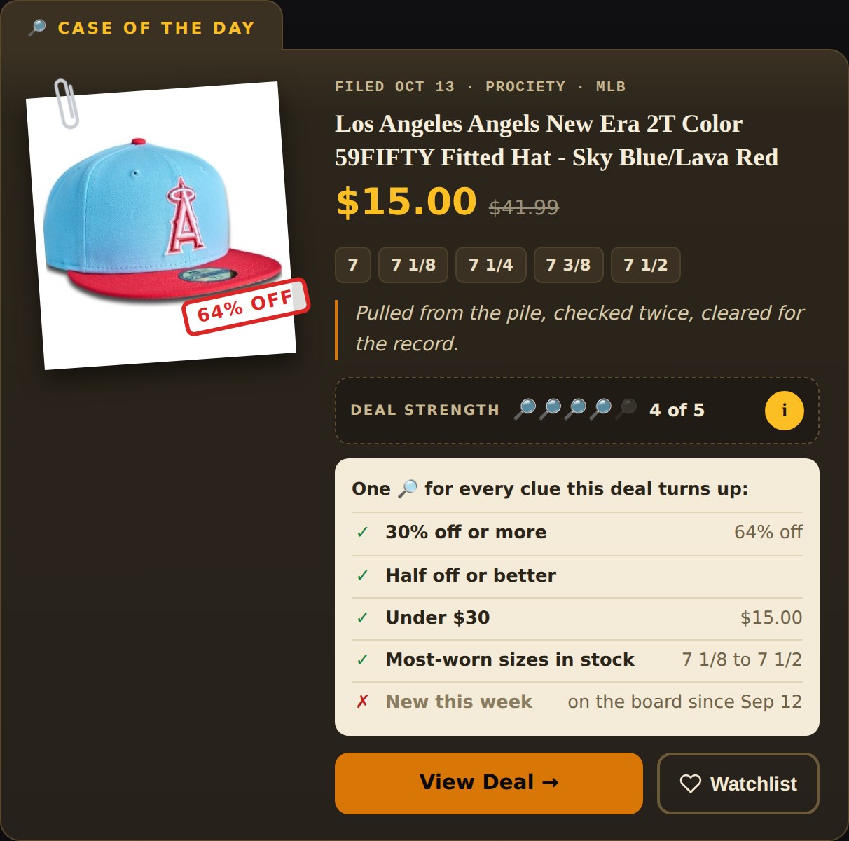 The Case of the Day on Hatlock Holmes: a case file with the cap paper-clipped inside, a 64% off stamp, and the deal strength clues opened