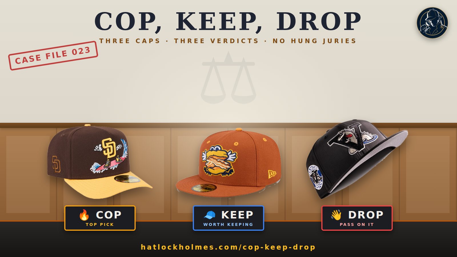 Three fitted caps on the stand in a wood-panelled courtroom, each above a verdict placard: Cop, Keep and Drop
